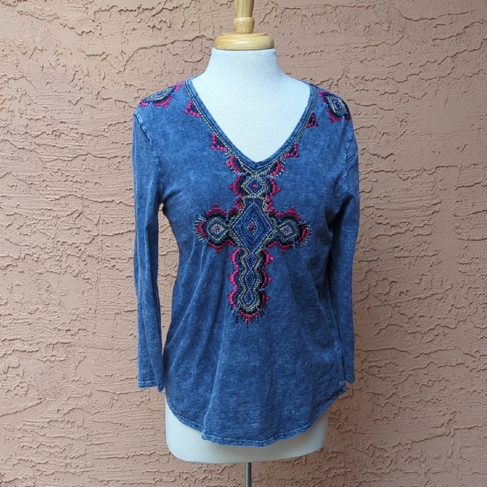 Reba Washed Blue Long-Sleeve V-Neck Top with Embroidered Cross
